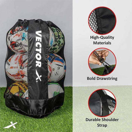 Vector X Sports Ball Bag + Large Storage For Carrying Upto 15 Balls (L Size) (9 Soccer Football Size 5 + 6 Basketball|Durable & Lightweight|Football, Basketball, Volleyball, Netball, Rugby, Beach Ball