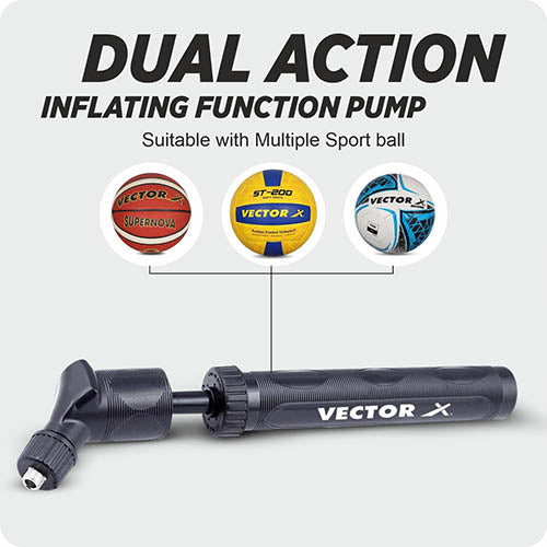 Vector X Double Action Ball Pump with Needle, Air Pump for Inflate Sports Football, Volleyball, Basketball, Rugby, Soccer Ball, Rugby|Pump Air Flow Capacity - 8.25 L/Min (Black)