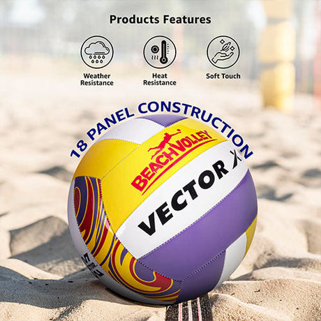 Vector X Beach Volleyball+ Free Air Pin|18 Panels|PU Material + Soft Touch Great Grip|Durable & Waterproof Indoor Outdoor Practice Match Ball|Beach, Pool, Sand Home Play Size 4
