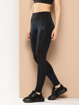 Alcis Women Blue and Black Colorblocked Tights