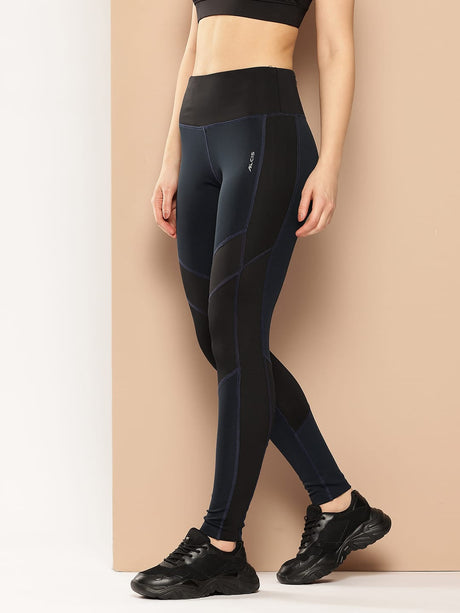Alcis Women Blue and Black Colorblocked Tights