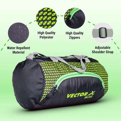 Vector X Blitz Gym Bag Combo for Men ll Gym Bag with Shoe Compartment and, Black Bottle, Black Wristband, Black Gloves ll Gym Bag & Fitness Kit & Gym Bag Combo