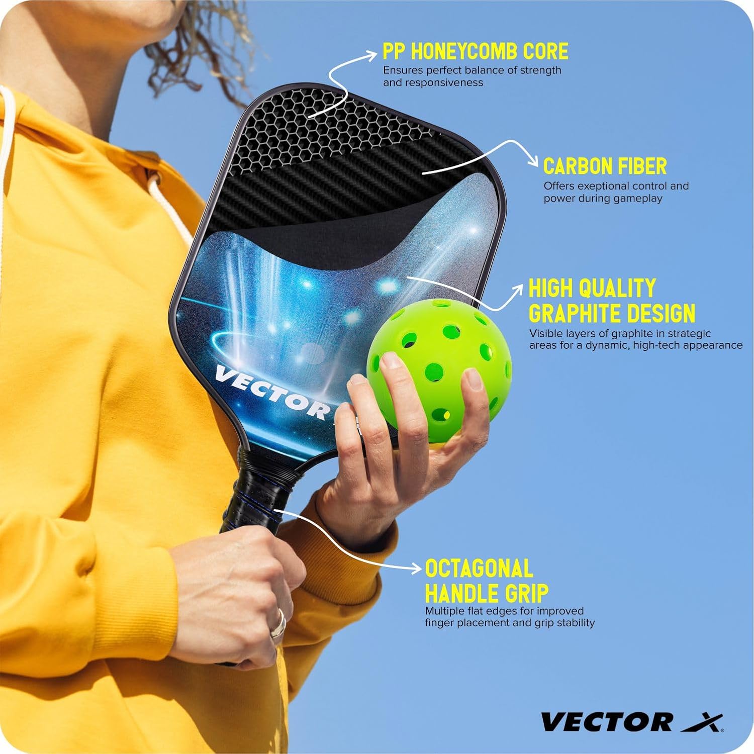 Vector X Graphite Pickle Bat 16 MM, Lightweight Carbon Fiber Material, Face Honeycomb Composite Core Paddle Low Edge Guard, Durable, Lightweight Pickleball Racket