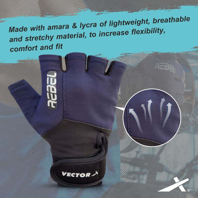 Vector X Rebel Unisex Workout Weight Lifting Gloves for Men and Women with Wrist Support,Fingerless Grip for Weightlifting,Cycling,Exercise,Training,Fitness
