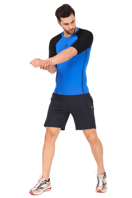 Nylon Compression Tshirt Half Sleeve Tights For Men (Royal Blue/Black)