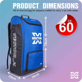 Vector X Greenfield Pro 60 Ltr. PU Polyester Cricket Backpack Senior Kit With Wheel Trolley Bag|1 Pocket for Bat|Shoe & Accessories Pockets|1 Water Bottle Holders|Lightweight|Dual Opening (Blue-Black)