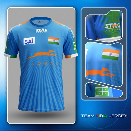 STAG GLOBAL Team India Sports Jersey for Men & Women | Peach Mesh Fabric | 4-Way Stretch | Breathable Athletic T-Shirt | Black & Sky  Blue