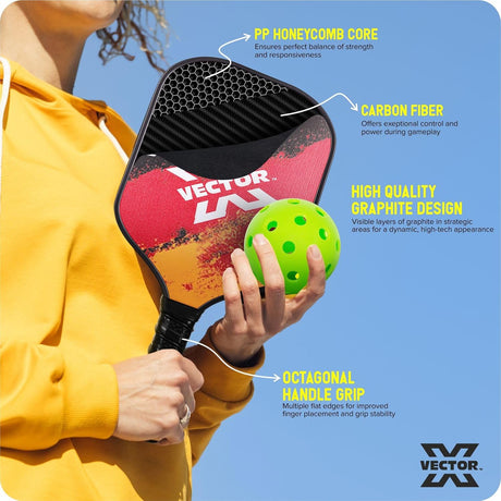 Vector X FIRE Pickle Bat, Lightweight Carbon Fiber Material, Face Honeycomb Composite Core Paddle Low Edge Guard, Durable, Lightweight Pickleball Racket (1 Racket+ 2 Pickle Ball+Carry Bag)