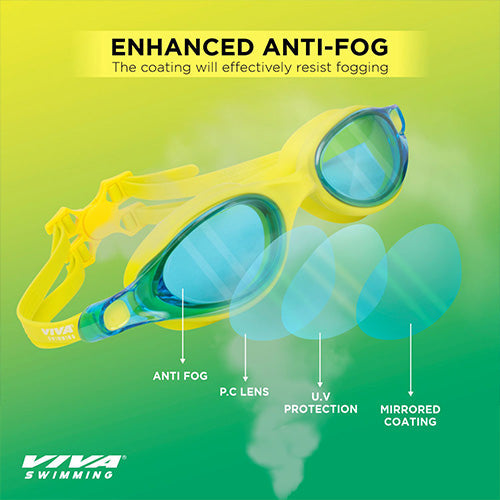 Viva Swimming Vision Silicone Swimming Goggles Mirrored Nose Bridge|Anti-Fog, UV Protection|Wide View & Comfortable One Piece|For professional Swimmer|Case Packing