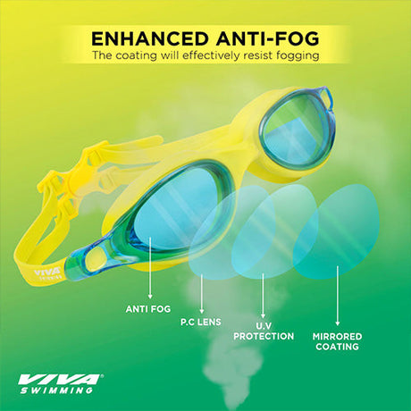 Viva Swimming Vision Silicone Swimming Goggles Mirrored Nose Bridge|Anti-Fog, UV Protection|Wide View & Comfortable One Piece|For professional Swimmer|Case Packing