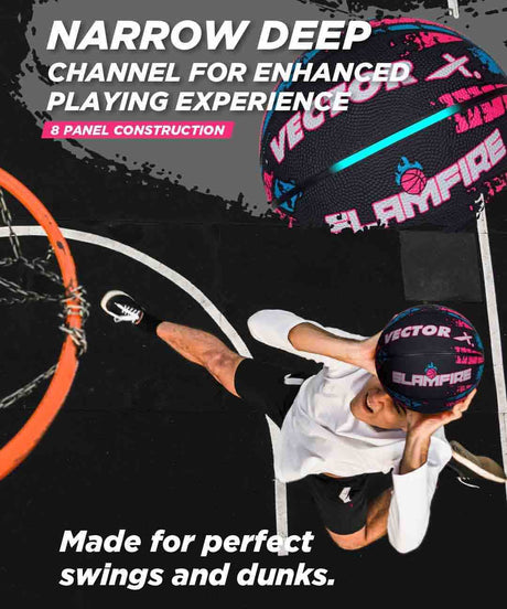 Vector X Slamfire 8 Panel Rubber Moulded Basketball|Size 7 Match Ball|Suitable for Practice Games & Training|Indoor Outdoor|Ideal for Kids, Youth & Adults|Suitable for All Surfaces (Black)