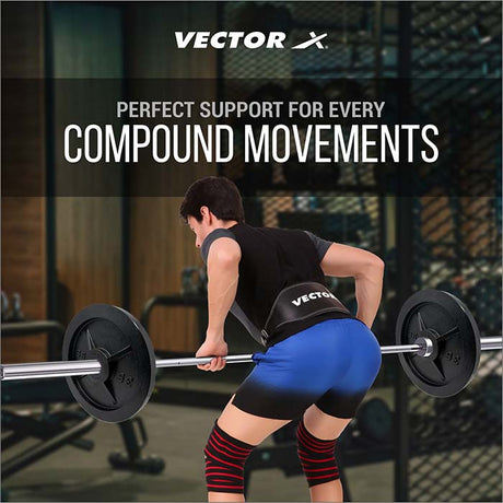Vector X Knee Wraps/Knee Stabilizer/Knee Bands/Knee Support Compression Straps Set for Weightlifting, Gym Workout, Sports, Squats, Crossfit, Powerlifting, Deadlifts and Heavy Lifting |Washable Fabric- Men and Women  (2 Meters Length, 1 Pair) Black-Red