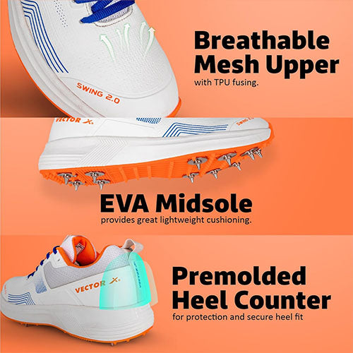 Vector X Swing 2.0 Cricket Shoes With Metal Spikes for Men & Boys Sports Shoes Lightweight Upper with TPU Fusing, EVA Midsole with Rubber Oustole Cricket Practice/Professional (Whie-Orange)