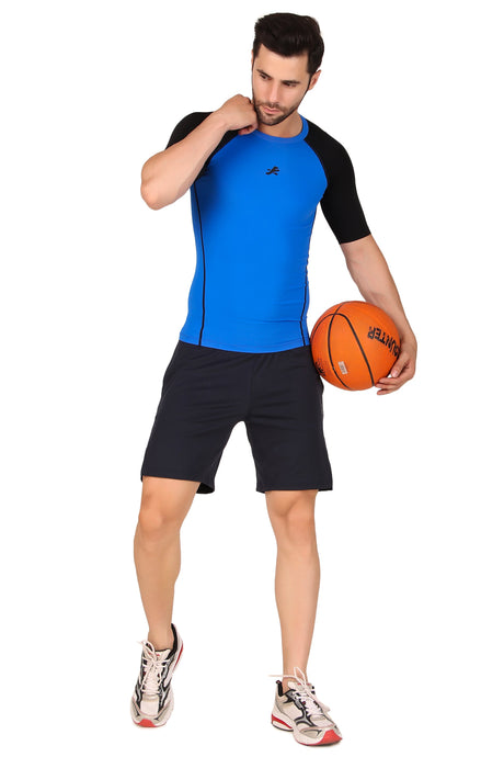 Nylon Compression Tshirt Half Sleeve Tights For Men (Royal Blue/Black)