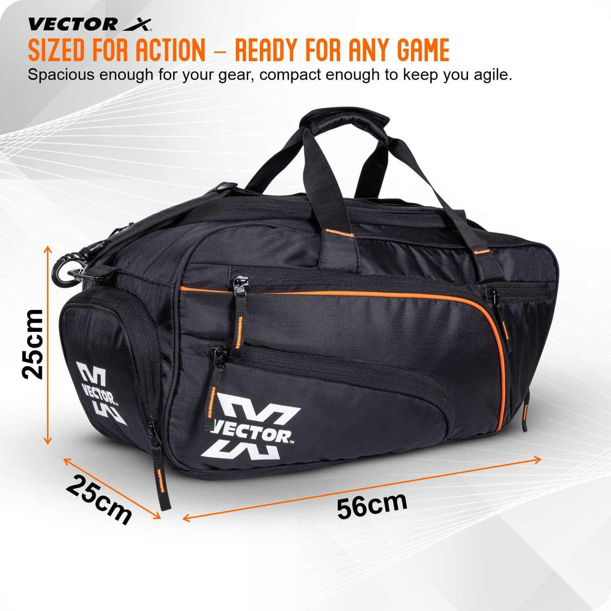 Vector X Titan Holdall Multi-Purpose Sports, Fitness Gym Kit Bag, 7 Spacious Compartments - Luggage Bag - Large Capacity Stylish/Lightweight Bag Black (25 * 25 * 56) cm