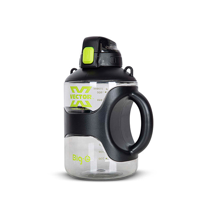 Vector X Big-G Gallon 2200 ml Plastic Water Bottle with Time Marker|Non Slip Side Handle|Strong and Adjustable Strap|Durable Top Carry Handle|Reusable Gym Sports Outdoor Large 2.2 LTR Water Jug BPA-Free, Unbreakable, Freezer Safe (Black)