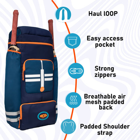 WHACKK Warne 81L Cricket Kit Bag Backpack | Spacious Compartment with Dual Bat, Shoe/ Helmet Pockets | Lightweight & Durable Sports kit Bag blue Orange