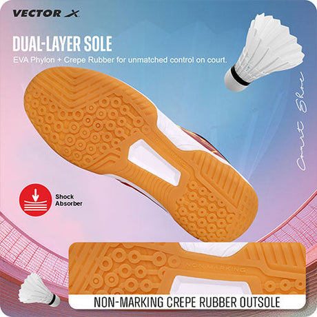 Vector X Trackle Badminton/Court Shoes Non Marking Synthetic Leather, Mesh Upper/Eva Phylon, Crepe Rubber Sole|Best for Squash, Table Tennis,Volleyball, Basketball & Indoor Sports