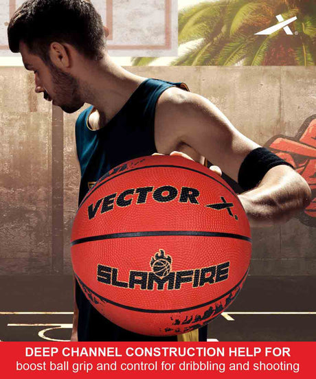 Vector X Slamfire 8 Panel Rubber Moulded Basketball|Size 7 Match Ball|Suitable for Practice Games & Training|Indoor Outdoor|Ideal for Kids, Youth & Adults|Suitable for All Surfaces (Black)