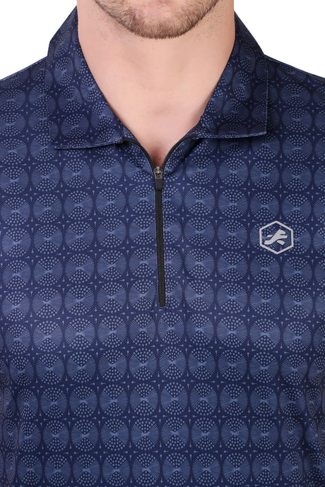 Performance Polo Zip Collar Tshirt For Men (Navy Pattern)