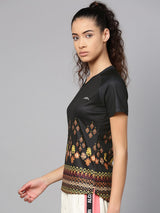 Alcis Women Black Beige Printed V-Neck T-shirt