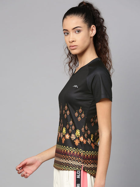 Alcis Women Black Beige Printed V-Neck T-shirt | Alcis