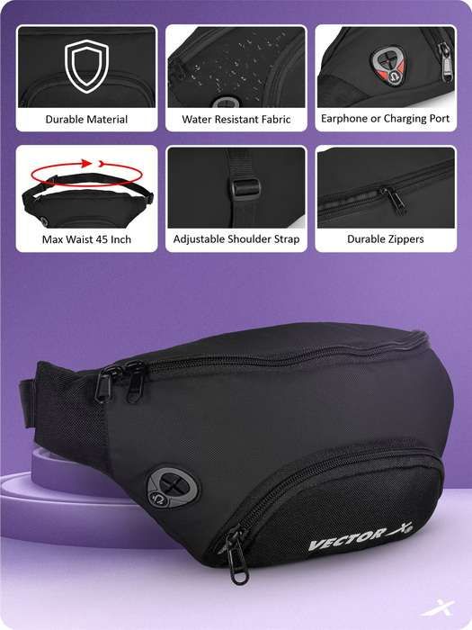 Vector X Stylish Waist Travel Hiking Chest/Fanny Bag with Adjustble Waist Belt, Pouch Sports Pack for Men and Women Premium Stitching, Handy,Versatile, Waterproof Bum Bag