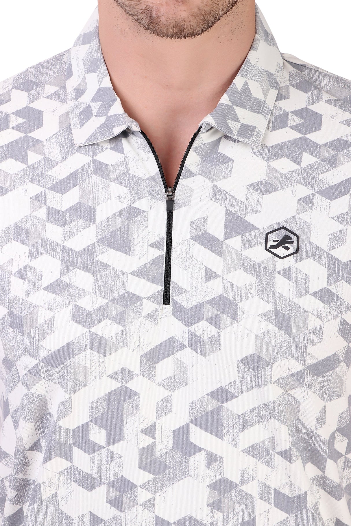 Performance Polo Zip Collar Tshirt For Men (White Geometry)