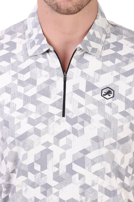 Performance Polo Zip Collar Tshirt For Men (White Geometry)