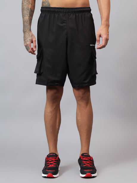 Vector X Solid Men Black Cargo Shorts 2 Side Zipper Pocket Made with Polyester