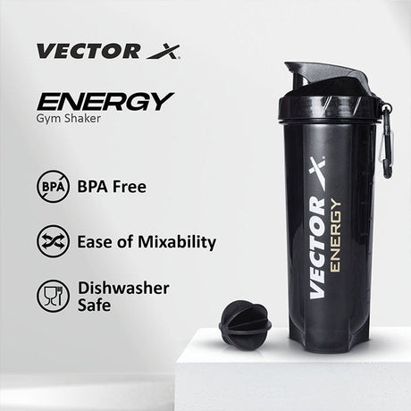 Vector X Plastic Gym Energy Shaker Bottle, Leakproof Guarantee Sipper Bottle Ideal for Protein, Preworkout and Bcaas, BPA-Free Material (Black),600 ml