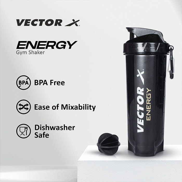 Vector X Plastic Gym Energy Shaker Bottle, Leakproof Guarantee Sipper Bottle Ideal for Protein, Preworkout and Bcaas, BPA-Free Material (Black),600 ml