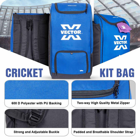 Vector X Greenfield 60 LTR. PU Polyester Cricket Backpack Senior Kit Bag Without Wheel|1 Pocket for Bat|Shoe & Accessories Pockets |1 Water Bottle Holders|Lightweight |Dual Opening (Blue - Black)