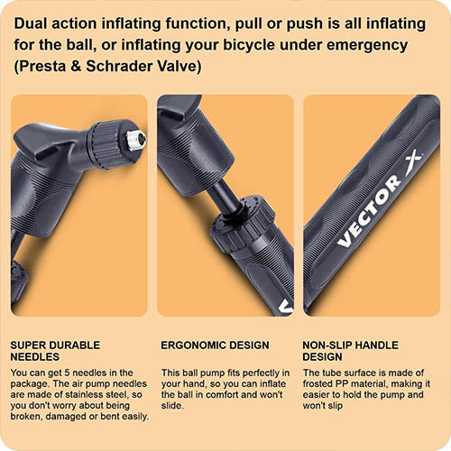 Vector X Double Action Ball Pump with Needle, Air Pump for Inflate Sports Football, Volleyball, Basketball, Rugby, Soccer Ball, Rugby|Pump Air Flow Capacity - 8.25 L/Min (Black)