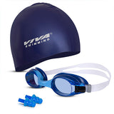 Viva Swimming Combo-704 Senior Kit- Swim Goggles, Caps and Ear plug Combo Set With Case Set- Silicone Non-Slip Material, Anti-Fog, UV Protection For Adults, Boys, Men