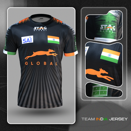 STAG GLOBAL Team India Sports Jersey for Men & Women | Peach Mesh Fabric | 4-Way Stretch | Breathable Athletic T-Shirt | Black & Sky  Blue