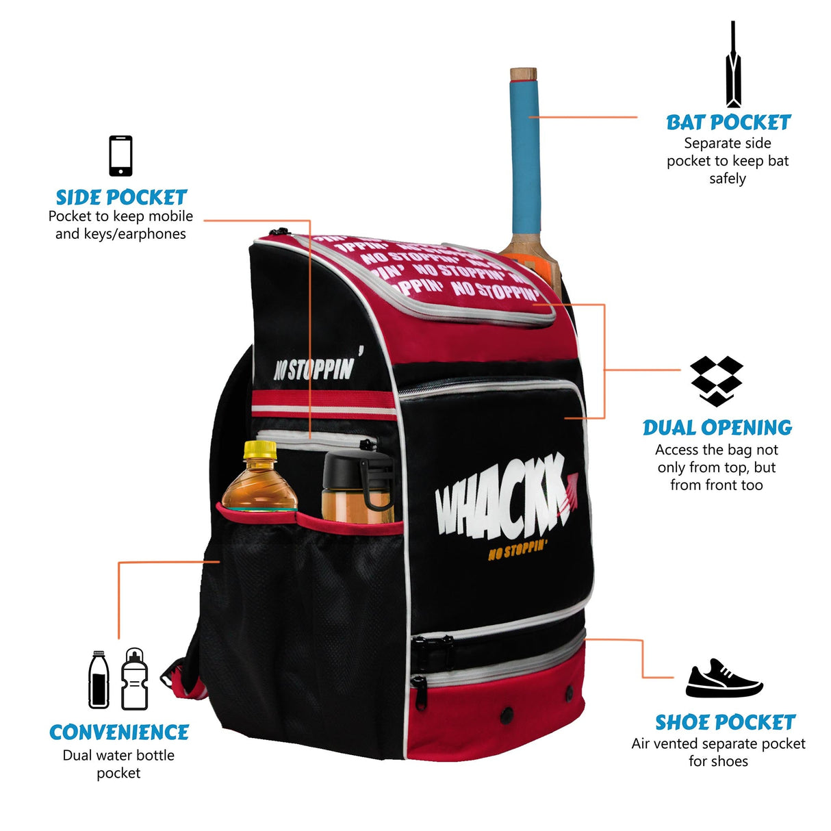 Blast Junior 37L Red Black|Cricket Kit Bag |1 Pocket for Bat |2 Water Bottle Holders|Upto 10yrs Kids Kitbag |Leg pad Upto 12.5 "|Shoe & Accessories Pockets |Lightweight |Dual Opening