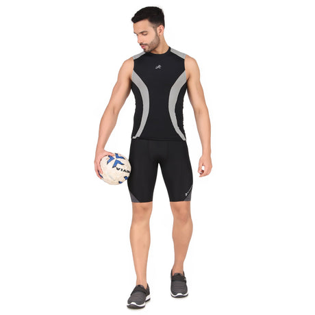 Nylon DC Compression Tshirt Cutsleeves Tights For Men (Black/L.Grey)