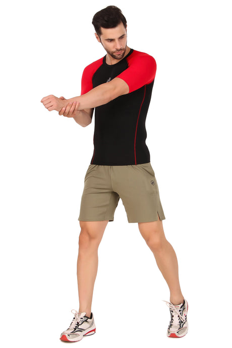 Nylon Compression Tshirt Half Sleeve Tights For Men (Black/Red)