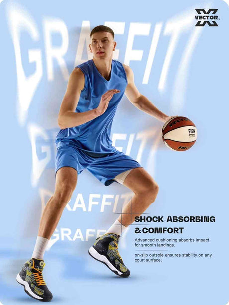 Vector X Graffiti 3D Texture TPU Fusing|Eva Phylon Rubber Sole Stylish & Comfortable High Ankle Court Shoe Best for Squash Table Tennis Volleyball Indoor & Outdoor Sports Lace Up Sneakers for Men