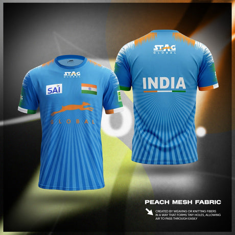STAG GLOBAL Team India Sports Jersey for Men & Women | Peach Mesh Fabric | 4-Way Stretch | Breathable Athletic T-Shirt | Black & Sky  Blue