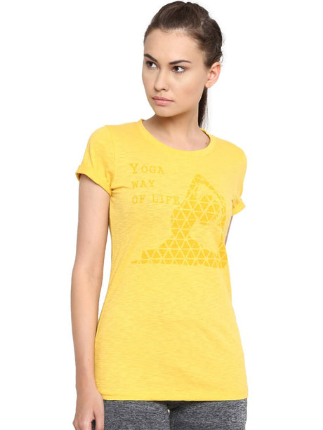 Alcis Women Yellow Printed Slim Fit Round Neck T-shirt | Alcis