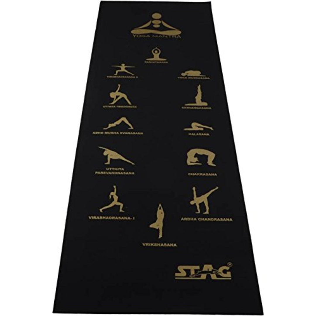 STAG GLOBAL Yoga Mantra Asana Black Mat With Strap, 4MM Thickness