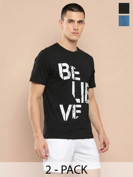 Alcis Men Ink Blue / Black Chest Printed Tee Pack of 2