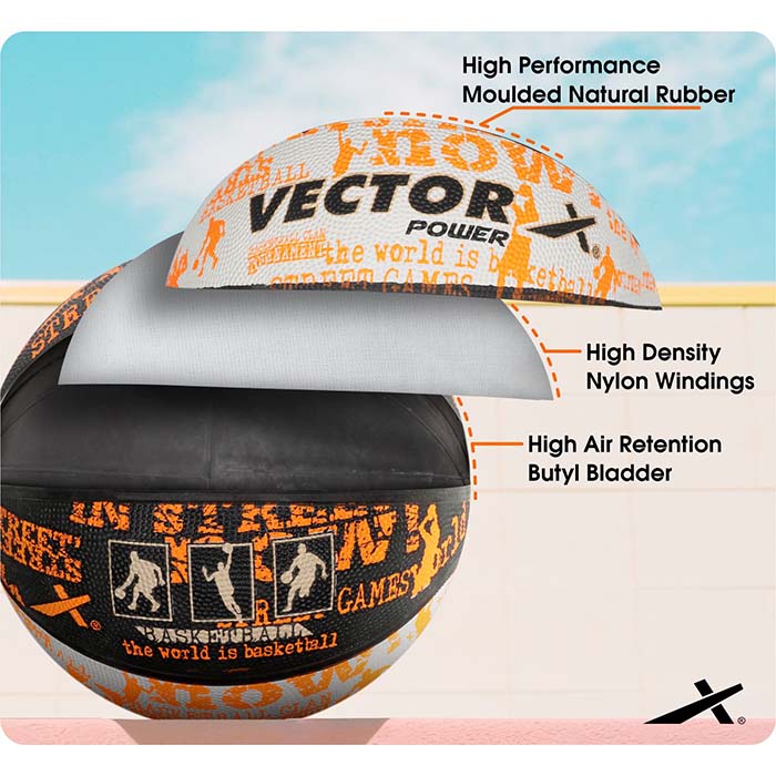 Vector X Power Rubber Moulded Indoor/Outdoor Basketball with Butyl Bladder|(Suitable for Practice/Match/Training) + Free Air Needle