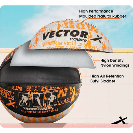 Vector X Power Rubber Moulded Indoor/Outdoor Basketball with Butyl Bladder|(Suitable for Practice/Match/Training) + Free Air Needle