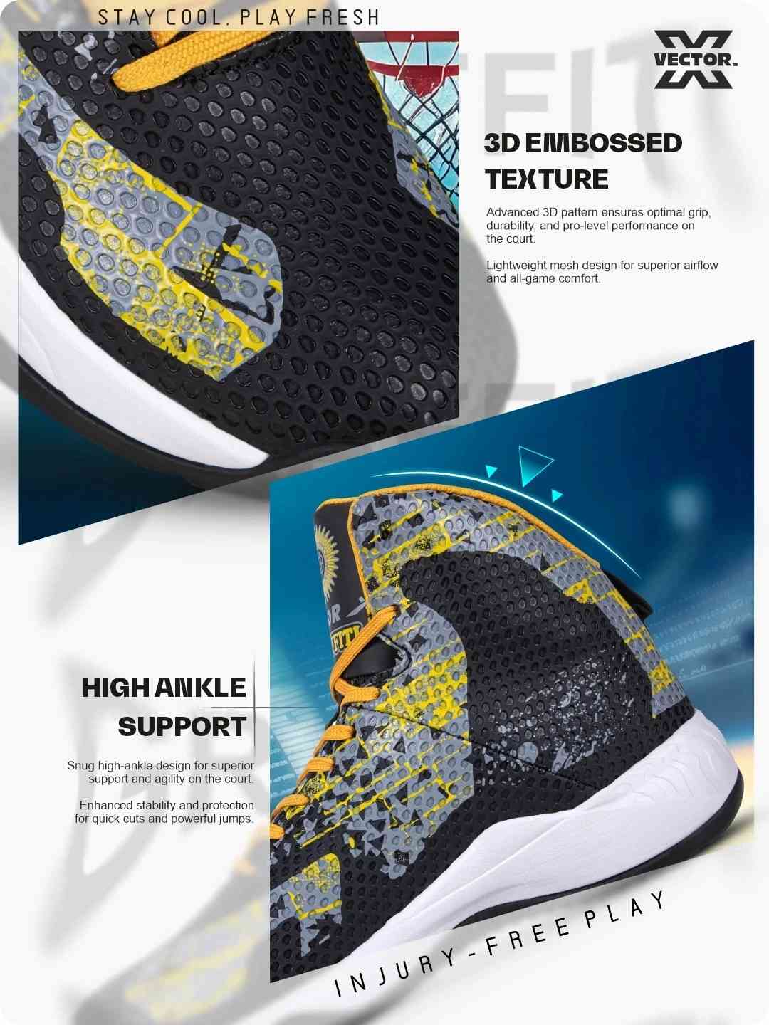 Vector X Graffiti 3D Texture TPU Fusing|Eva Phylon Rubber Sole Stylish & Comfortable High Ankle Court Shoe Best for Squash Table Tennis Volleyball Indoor & Outdoor Sports Lace Up Sneakers for Men
