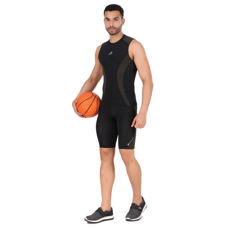 Nylon DC Compression Tshirt Cutsleeves Tights For Men (Black/Green)