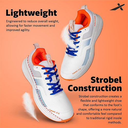 Vector X Swing 2.0 Cricket Shoes With Metal Spikes for Men & Boys Sports Shoes Lightweight Upper with TPU Fusing, EVA Midsole with Rubber Oustole Cricket Practice/Professional (Whie-Orange)