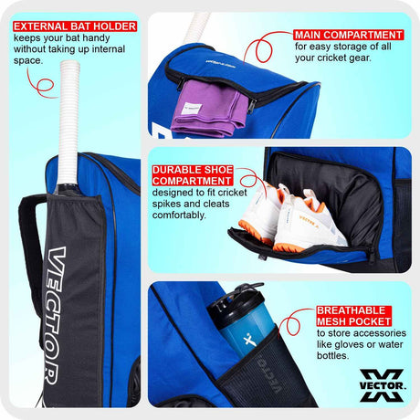 Vector X Greenfield 60 LTR. PU Polyester Cricket Backpack Senior Kit Bag Without Wheel|1 Pocket for Bat|Shoe & Accessories Pockets |1 Water Bottle Holders|Lightweight |Dual Opening (Blue - Black)